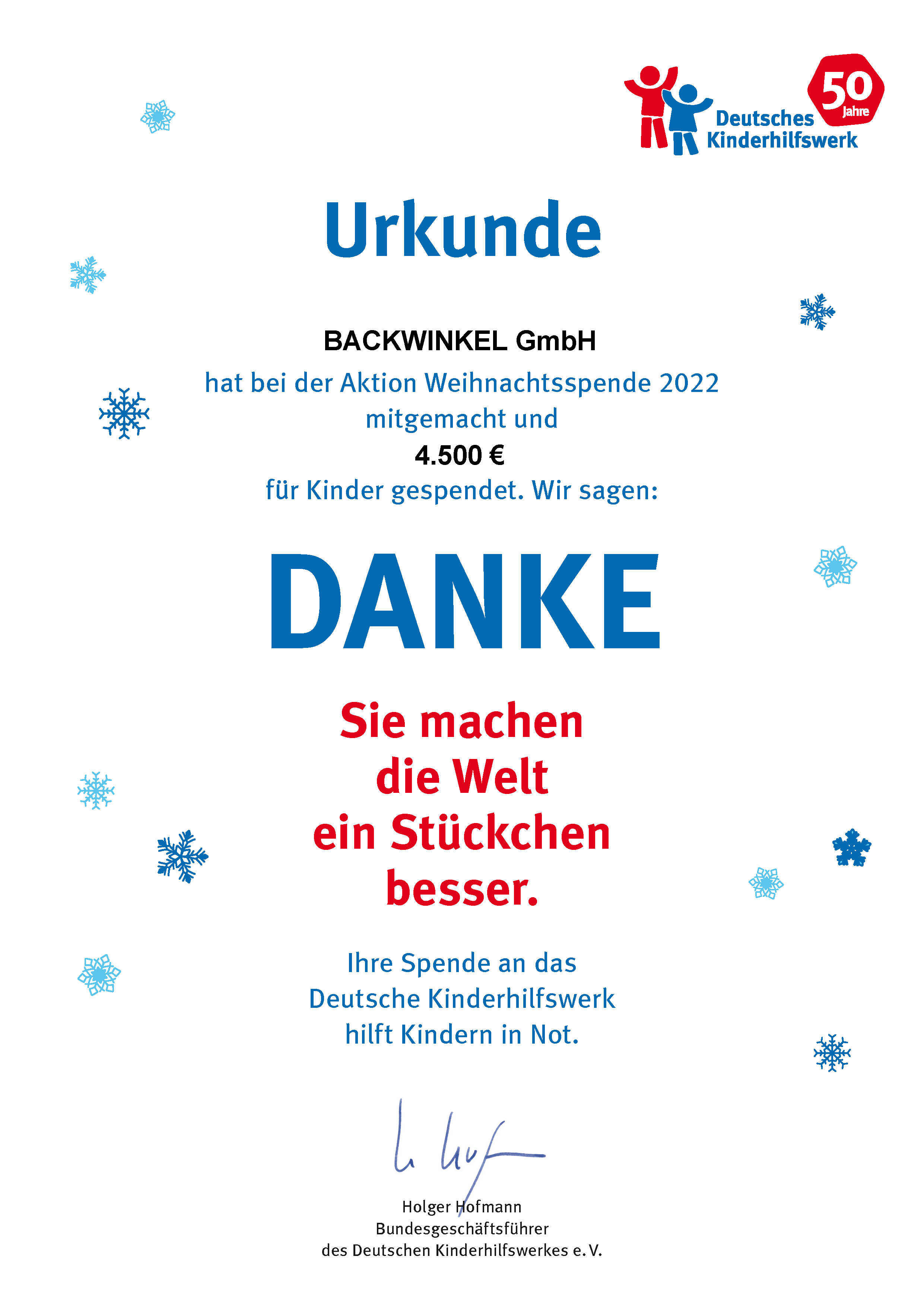 Spendenurkunde 2022 Deutsches Kinderhilfswerk