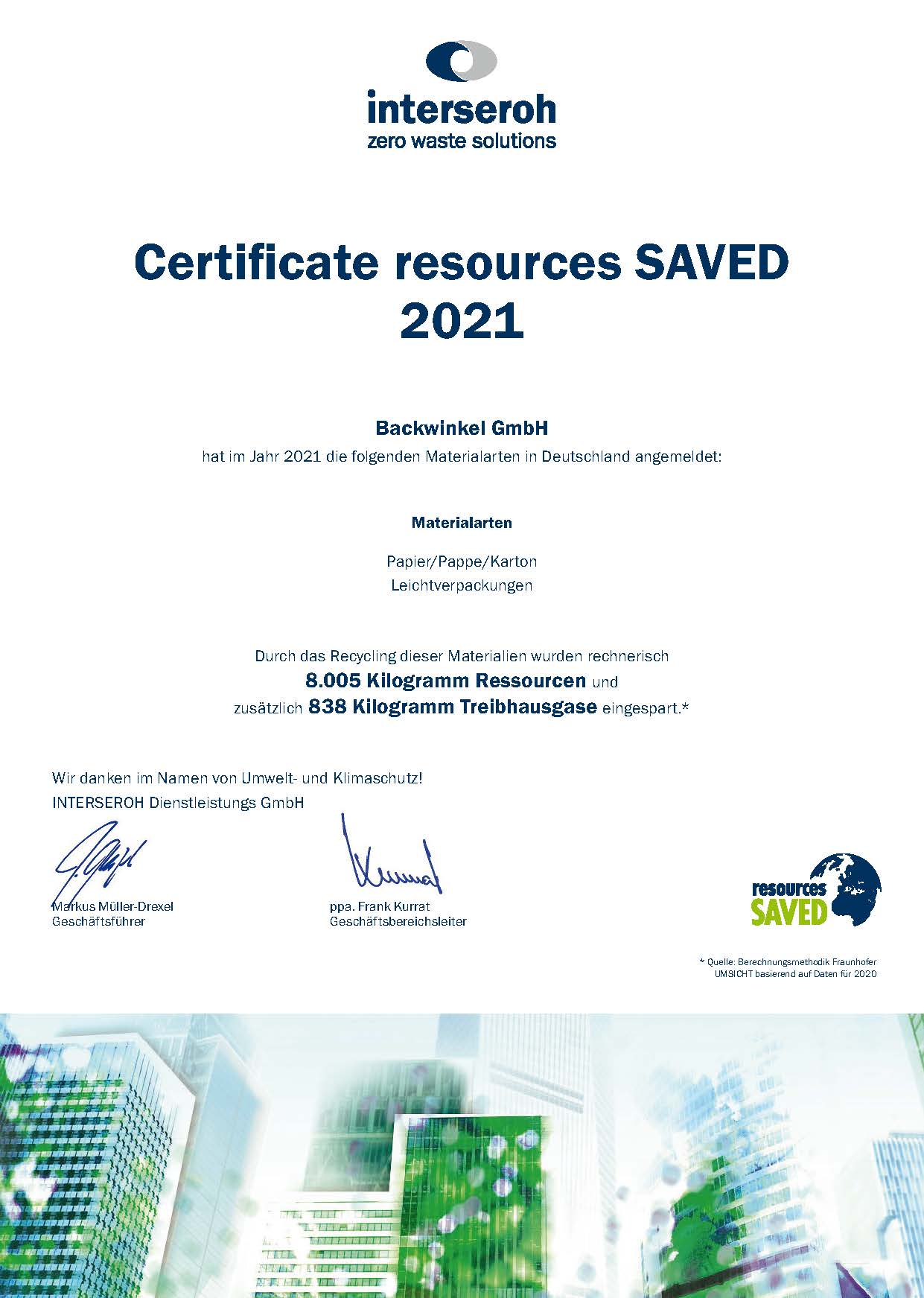 BACKWINKEL GmbH - interseroh Urkunde 2020